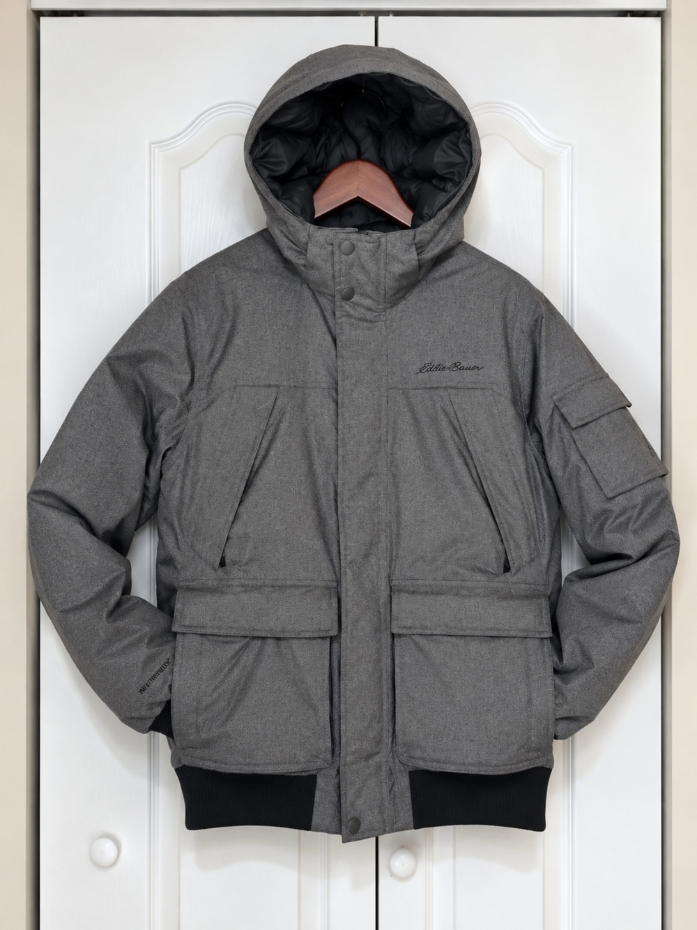 Eddie Bauer Mens Medium Superior Down Bomber Hooded Waterproof Coat Grey Black